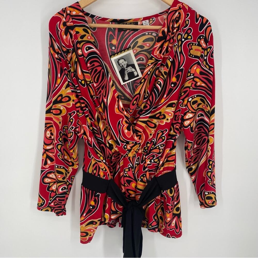 Bob Mackie Top Faux Wrap with Waist Tie Abstract Print Avant Guard Colorful XL